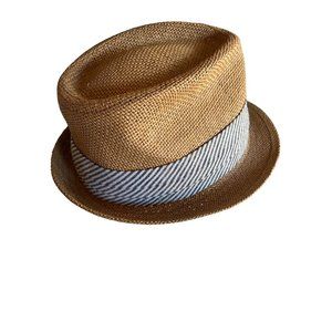 J. Crew Natural Paper Straw Neutral Fedora Hat Cap Size Small Blue Stripe Tickin